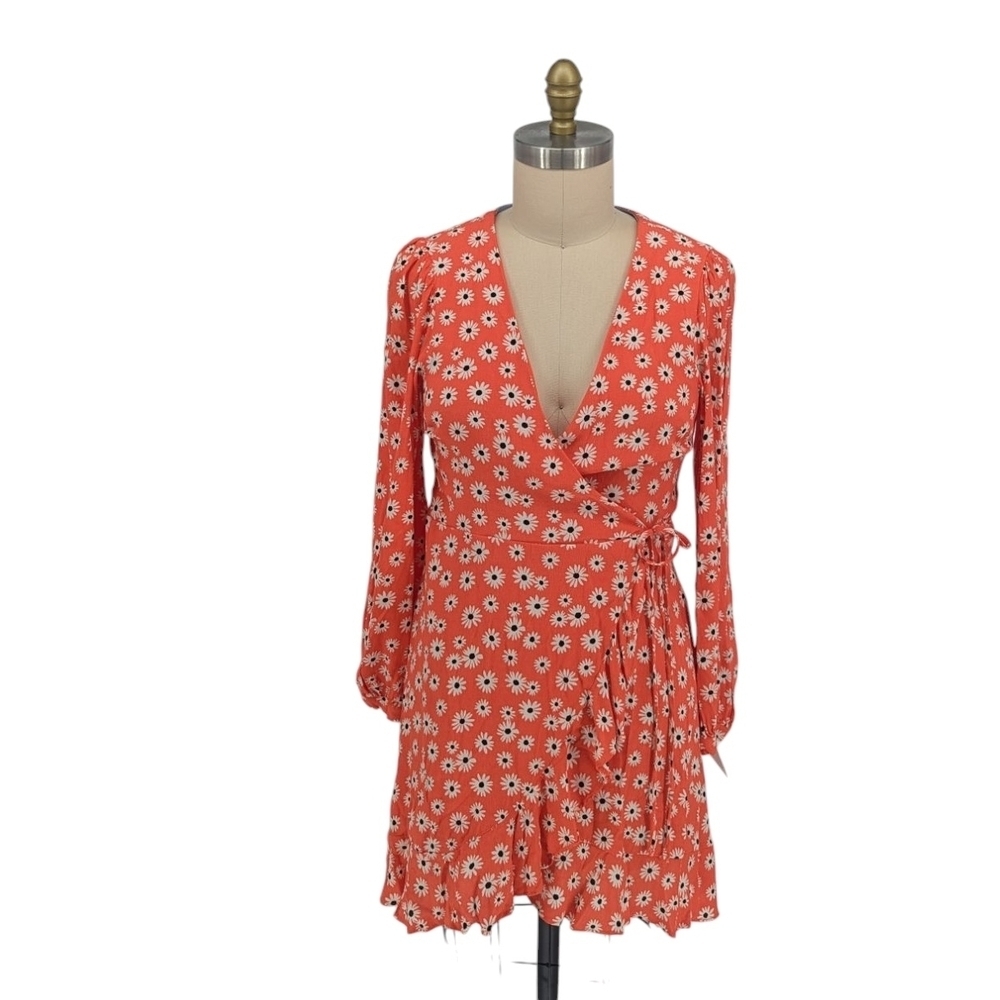 01450 Gianni Bini Floral Wrap Dress Orange Size Large bohemian casual spring